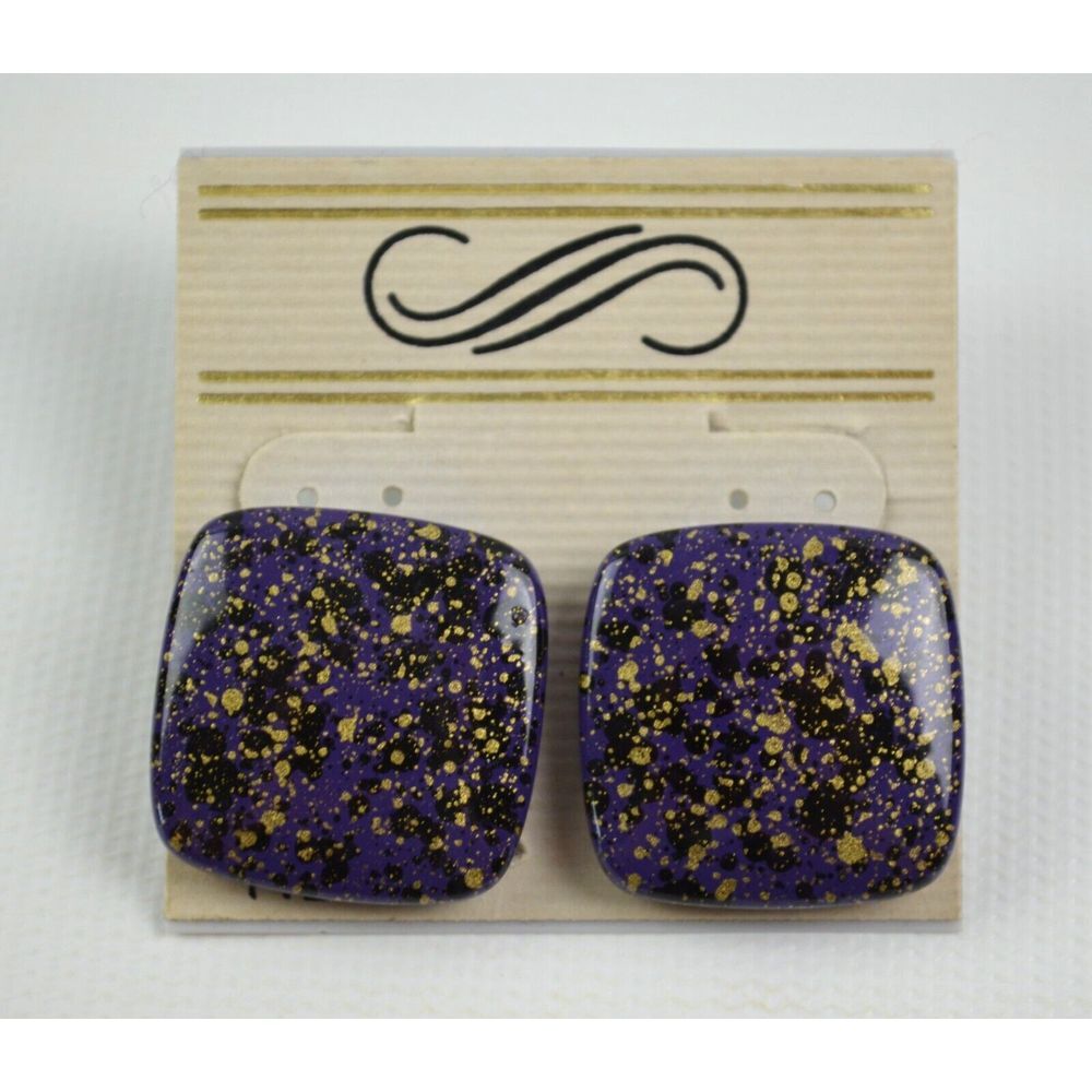 Vintage Pierced Earrings Purple‎ with Black & Gold Specks 1"